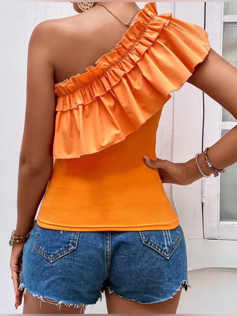 SHEIN Womens M Orange Ruffle Asymmetrical Top Boho Fall 90s Cottagecore Preppy - Picture 2 of 16